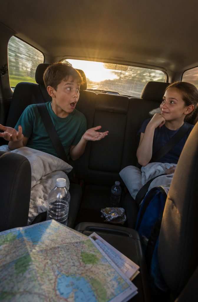 Children engaged in a game of Would You Rather during a road trip.