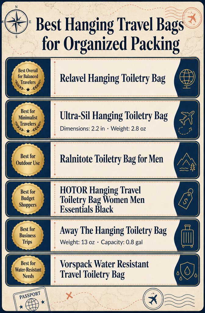 Infographic comparing different hanging travel bags with product details