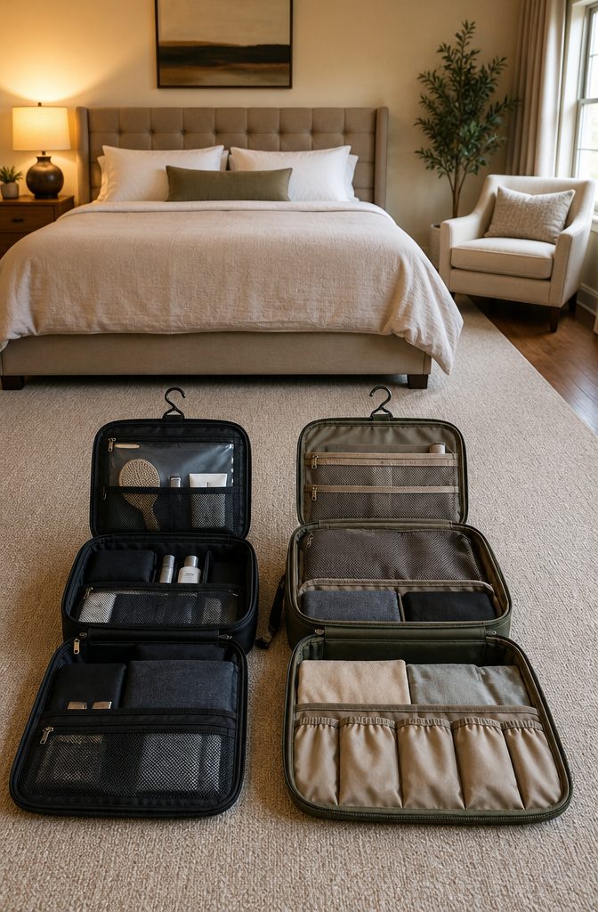 Spa setting with hanging travel bags displayed on a towel bar