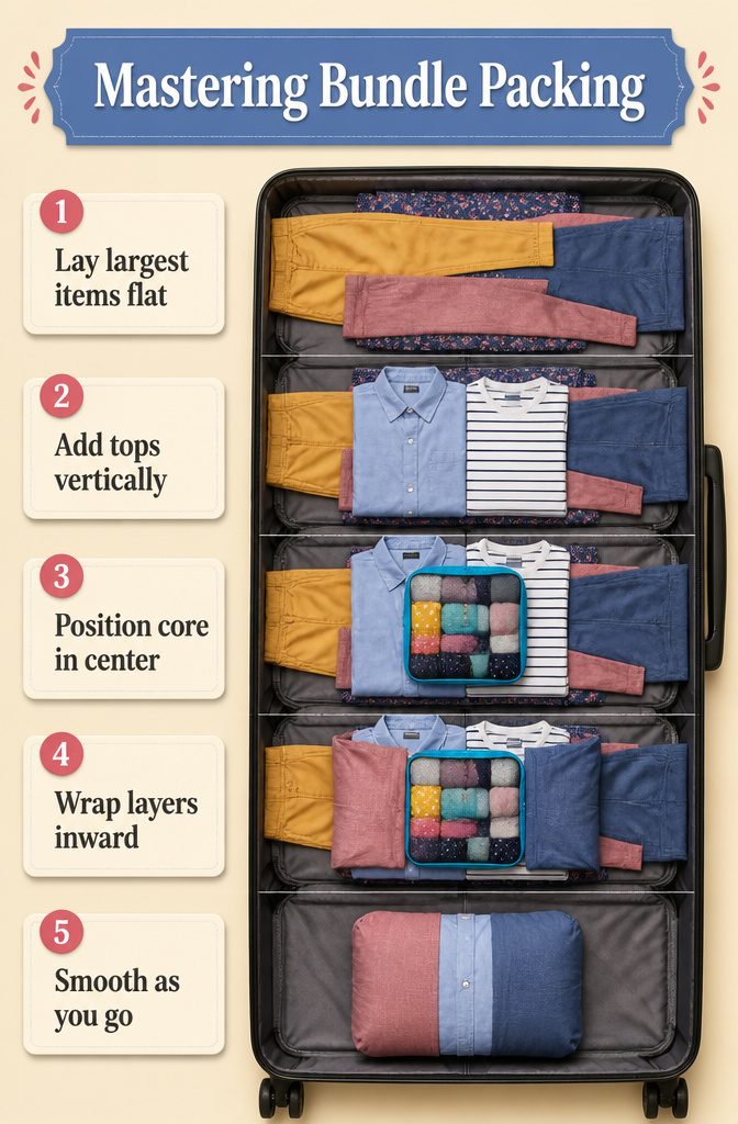 How to Efficiently Pack a Suitcase: 9 Steps to Maximize Space in 2026 5 Clothes bundled around a core in a suitcase.