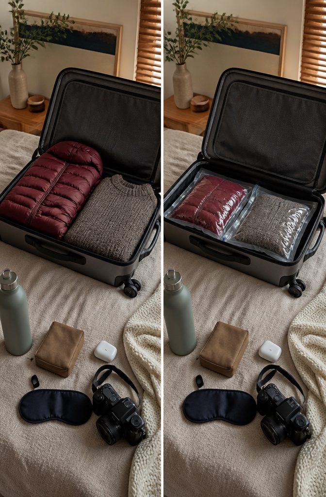How to Efficiently Pack a Suitcase: 9 Steps to Maximize Space in 2026 8 Compression bags filled with clothes in a suitcase.