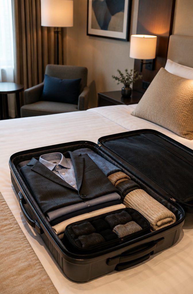 How to Efficiently Pack a Suitcase: 9 Steps to Maximize Space in 2026 3 A suitcase with neatly folded blazers and dress shirts.