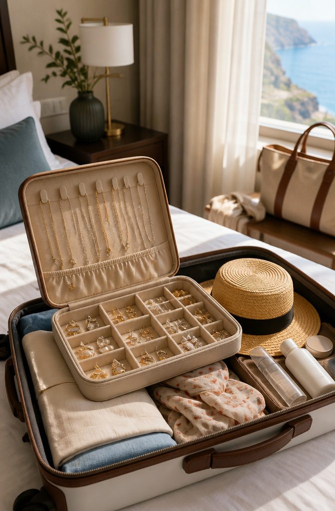 How to Efficiently Pack a Suitcase: 9 Steps to Maximize Space in 2026 13 A jewelry organizer with necklaces and earrings on a suitcase.