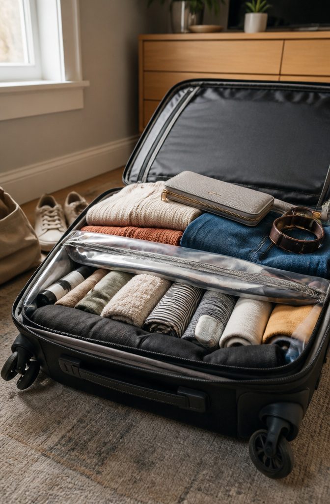How to Efficiently Pack a Suitcase: 9 Steps to Maximize Space in 2026 9 A suitcase layered with clothing and filled with smaller items.