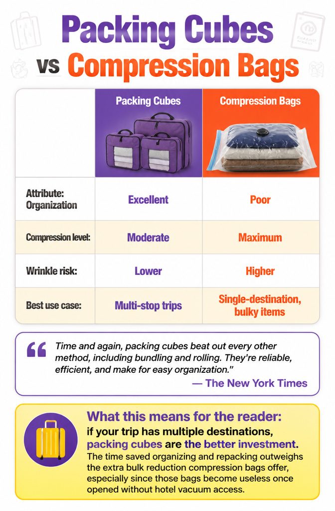 How to Efficiently Pack a Suitcase: 9 Steps to Maximize Space in 2026 11 A chart comparing packing cubes and compression bags.
