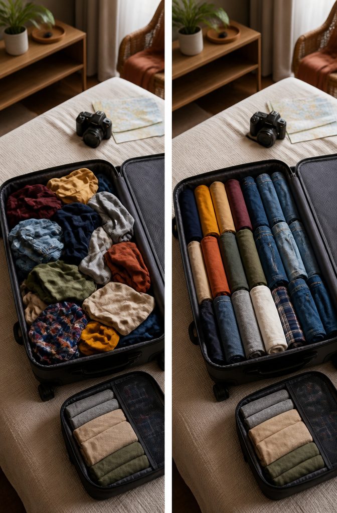 How to Efficiently Pack a Suitcase: 9 Steps to Maximize Space in 2026 4 Rolled t-shirts and jeans packed in a suitcase.