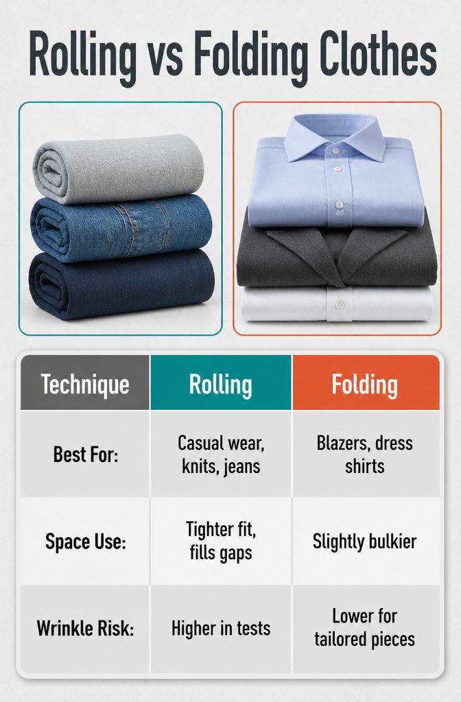 How to Efficiently Pack a Suitcase: 9 Steps to Maximize Space in 2026 10 A chart comparing rolling and folding clothes for packing.