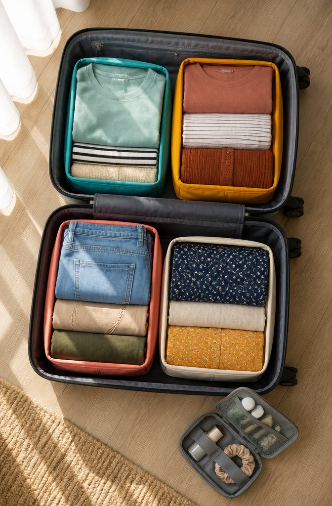 How to Efficiently Pack a Suitcase: 9 Steps to Maximize Space in 2026 7 Packing cubes filled with clothes inside a suitcase.