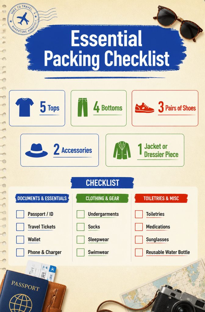 How to Efficiently Pack a Suitcase: 9 Steps to Maximize Space in 2026 12 A packing checklist showing the 5-4-3-2-1 method.