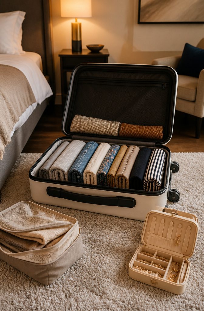How to Efficiently Pack a Suitcase: 9 Steps to Maximize Space in 2026 6 Garments standing upright in an open suitcase.