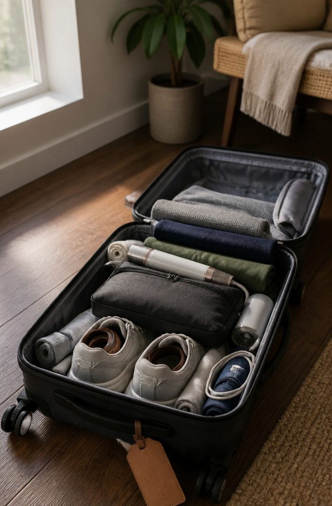 How to Efficiently Pack a Suitcase: 9 Steps to Maximize Space in 2026 2 Shoes placed at the bottom of an open suitcase.