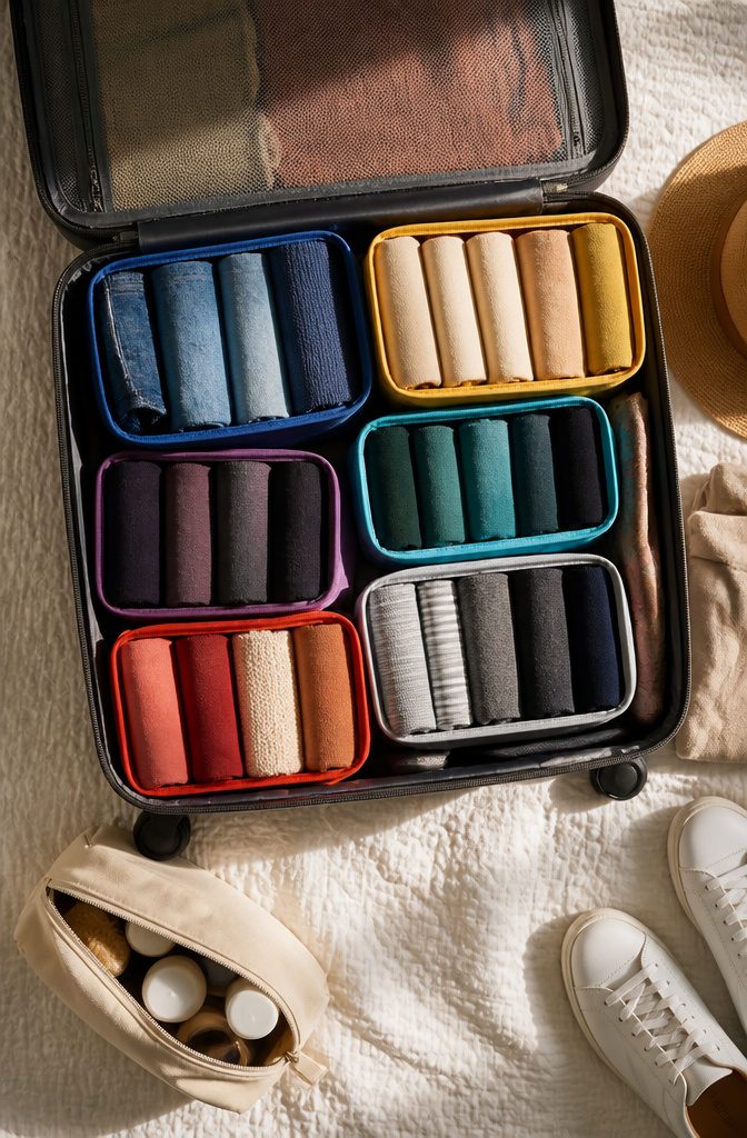 Compression packing cubes filled with neatly arranged rolled clothing.