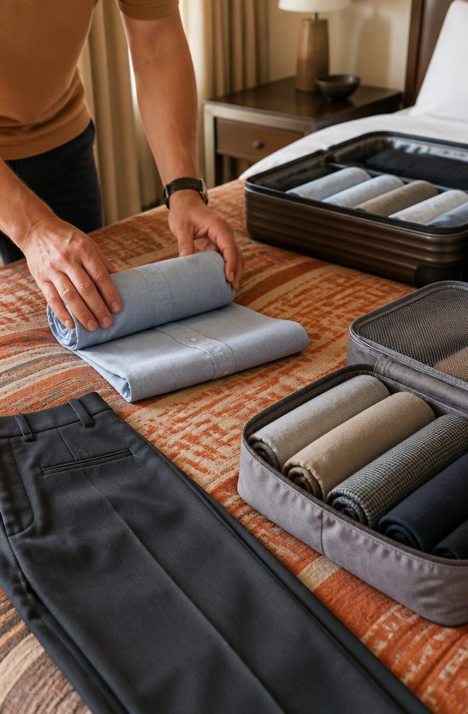A shirt with a folded hem being rolled tightly for packing.