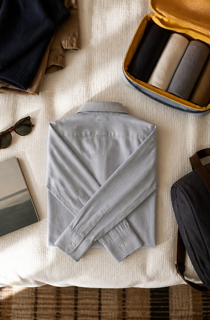A shirt with long sleeves folded in an X-shape across its back.