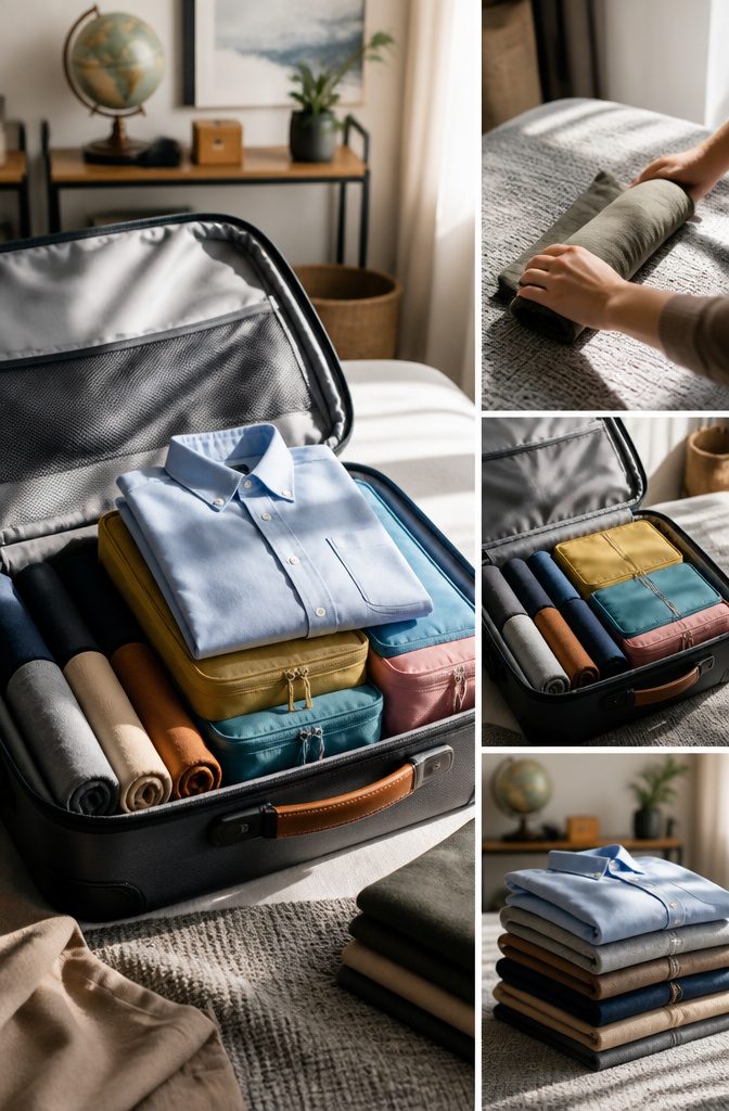 A suitcase with a combination of rolled and flat-folded clothing.