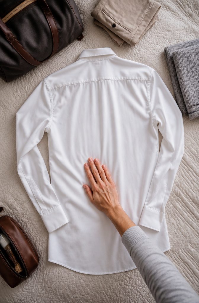 A shirt laid flat on a clean bedspread for preparation.