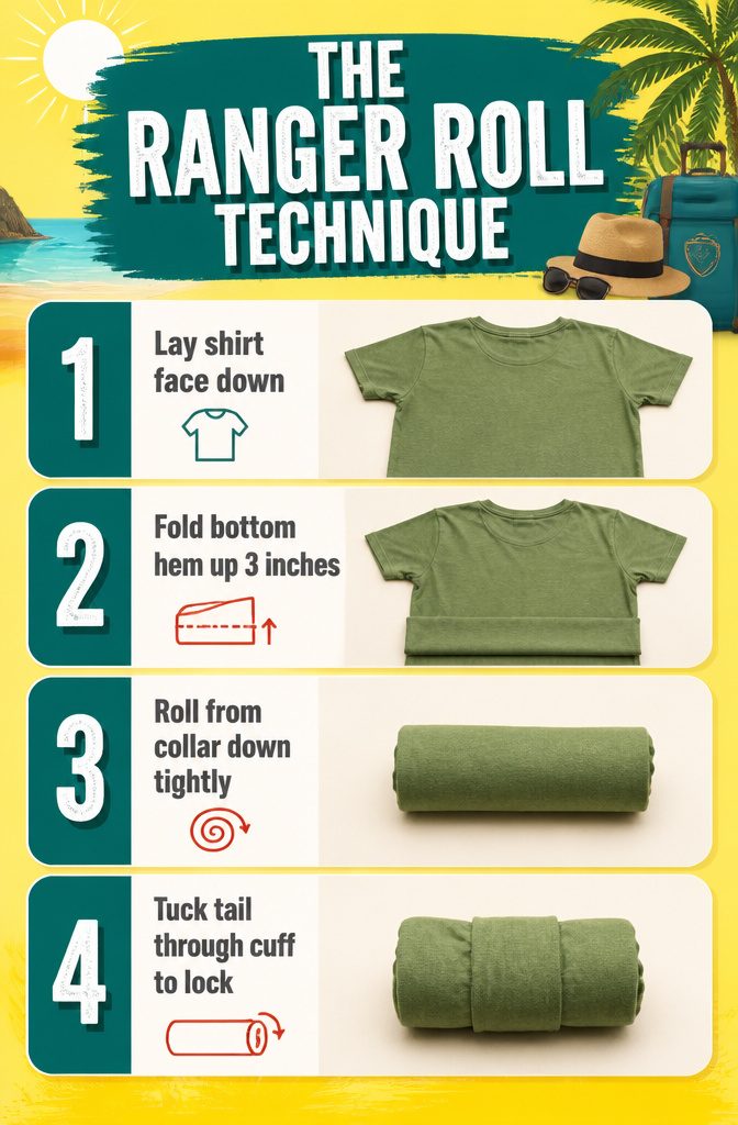 Illustration of the Ranger Roll technique for packing shirts.