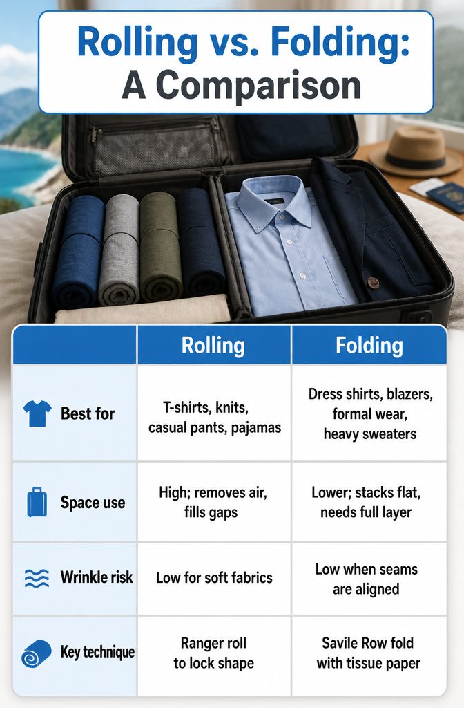 A chart comparing the rolling and folding methods for packing.