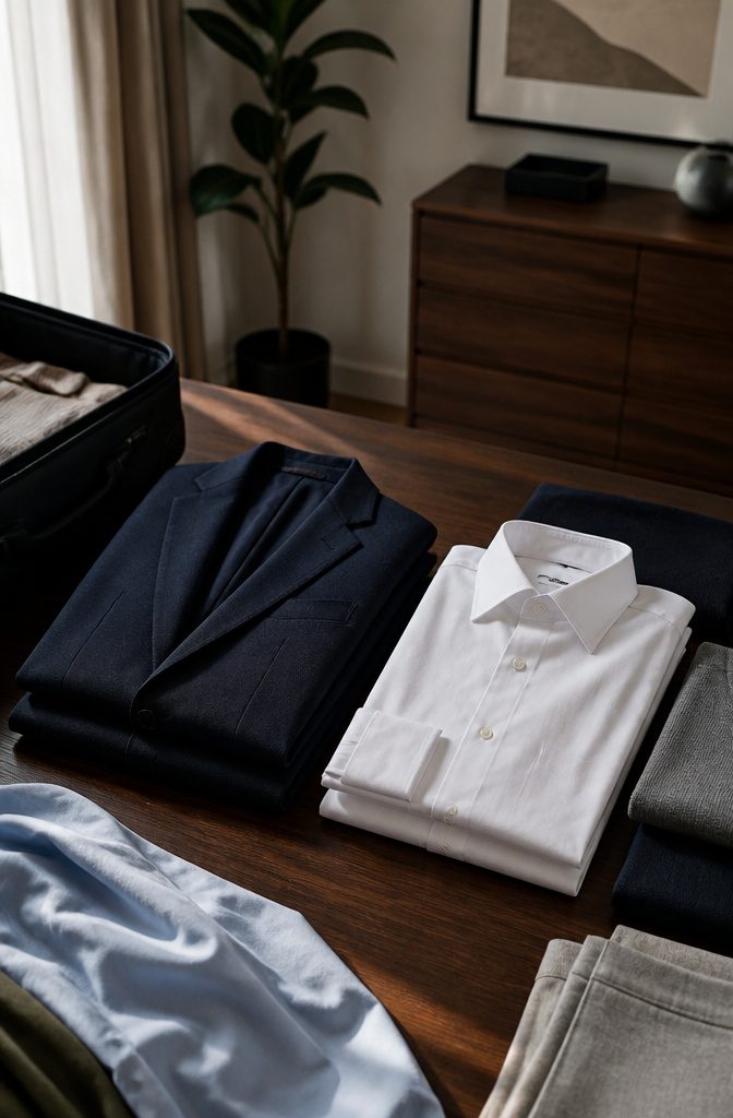 A collection of folded blazers and dress shirts on a wooden surface.