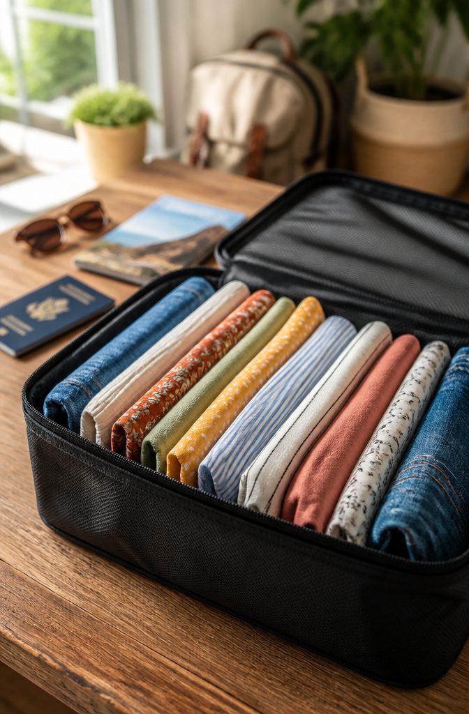 A display of folded clothing items standing vertically like books.