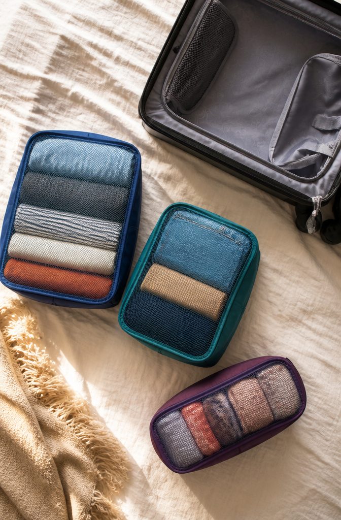 Various packing cubes filled with neatly folded and rolled clothes.