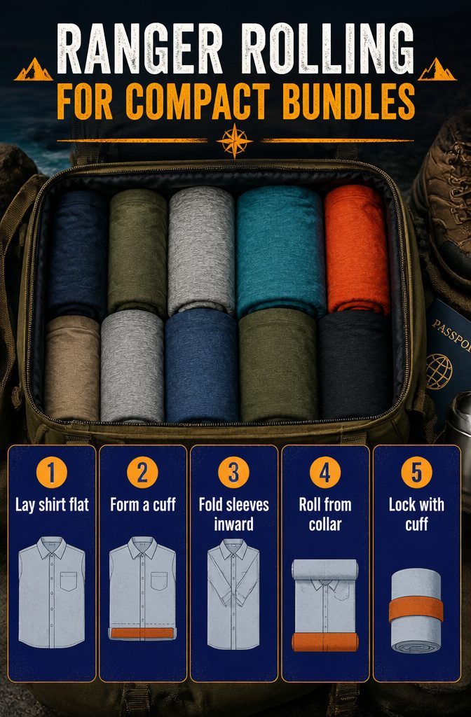 A tightly rolled shirt secured with a cuff to prevent unraveling.