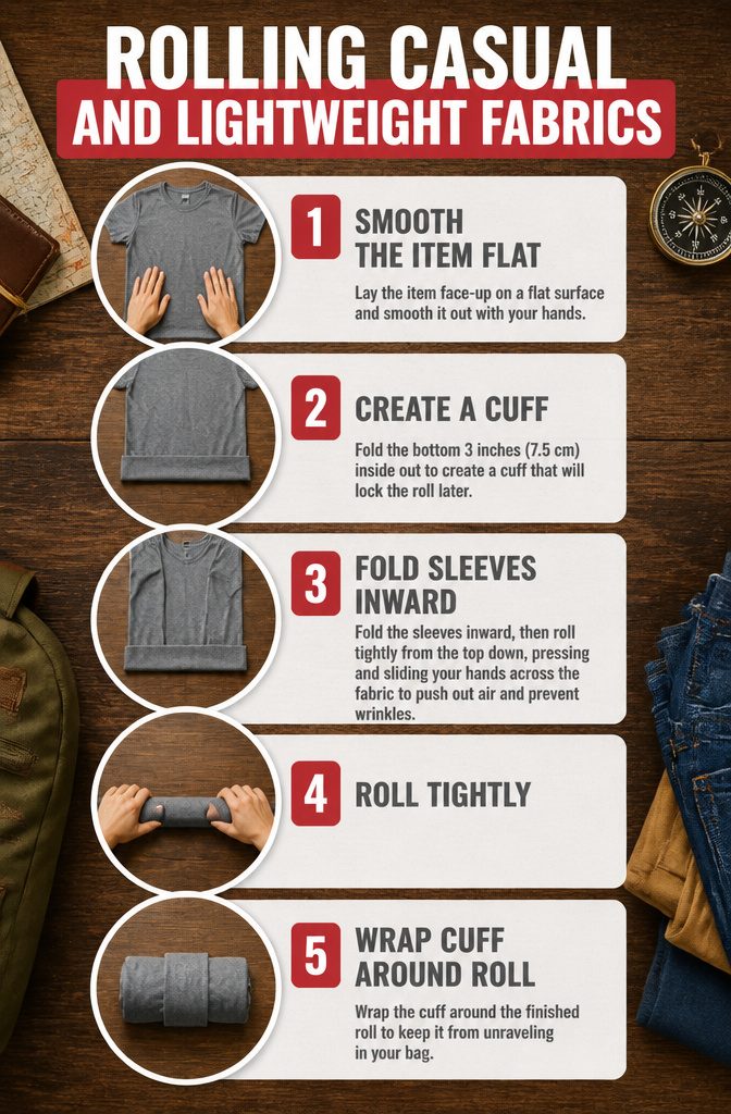 A visual guide showing how to roll casual clothing items.