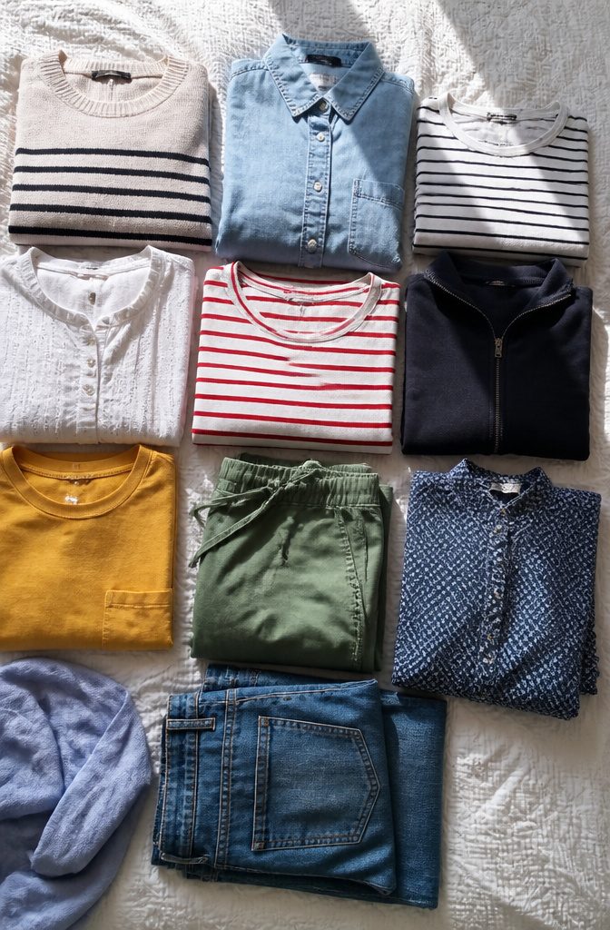 A bed with neatly laid out clothes, prepared for packing.