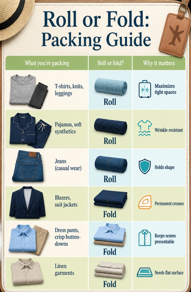 A chart showing items to roll or fold for travel packing.