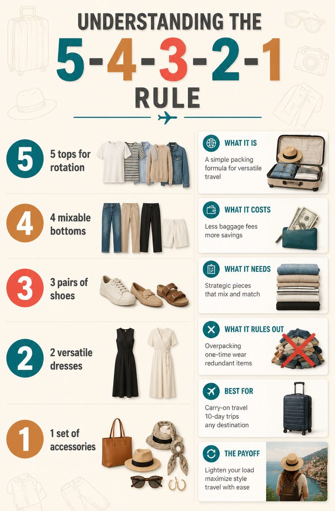 How to Pack for a 10 Day Trip: 9 Clothing and Packing Tips 13 A visual representation of the 5-4-3-2-1 packing rule.