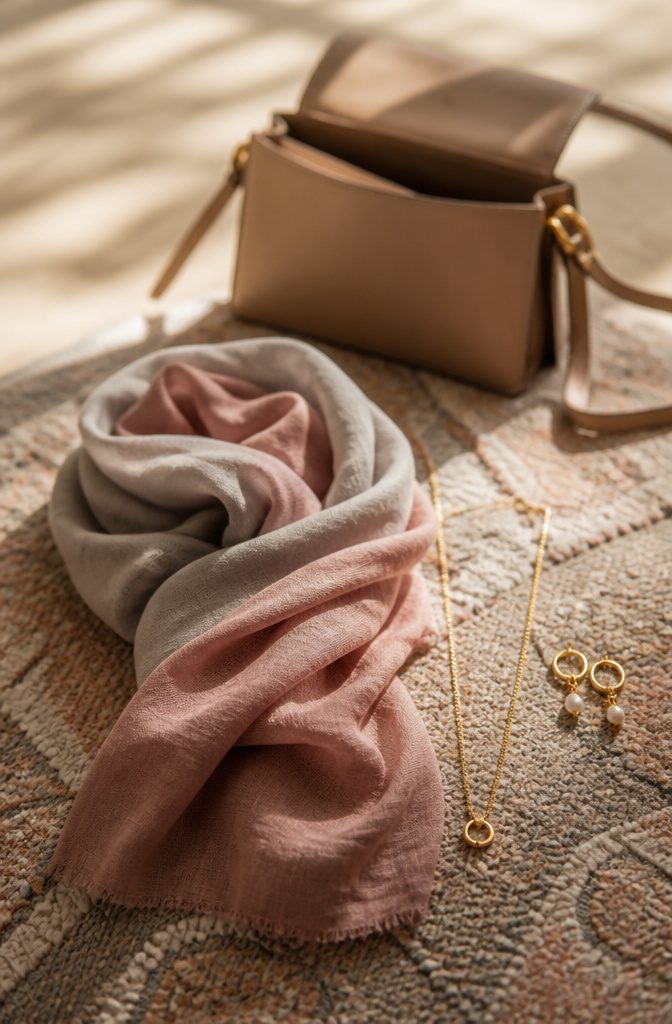 How to Pack for a 10 Day Trip: 9 Clothing and Packing Tips 8 A reversible scarf and simple jewelry pieces displayed.