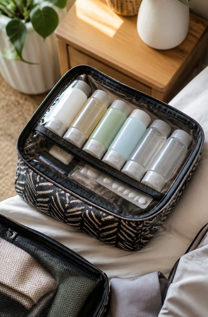 How to Pack for a 10 Day Trip: 9 Clothing and Packing Tips 7 An organized toiletry bag with travel-sized containers.