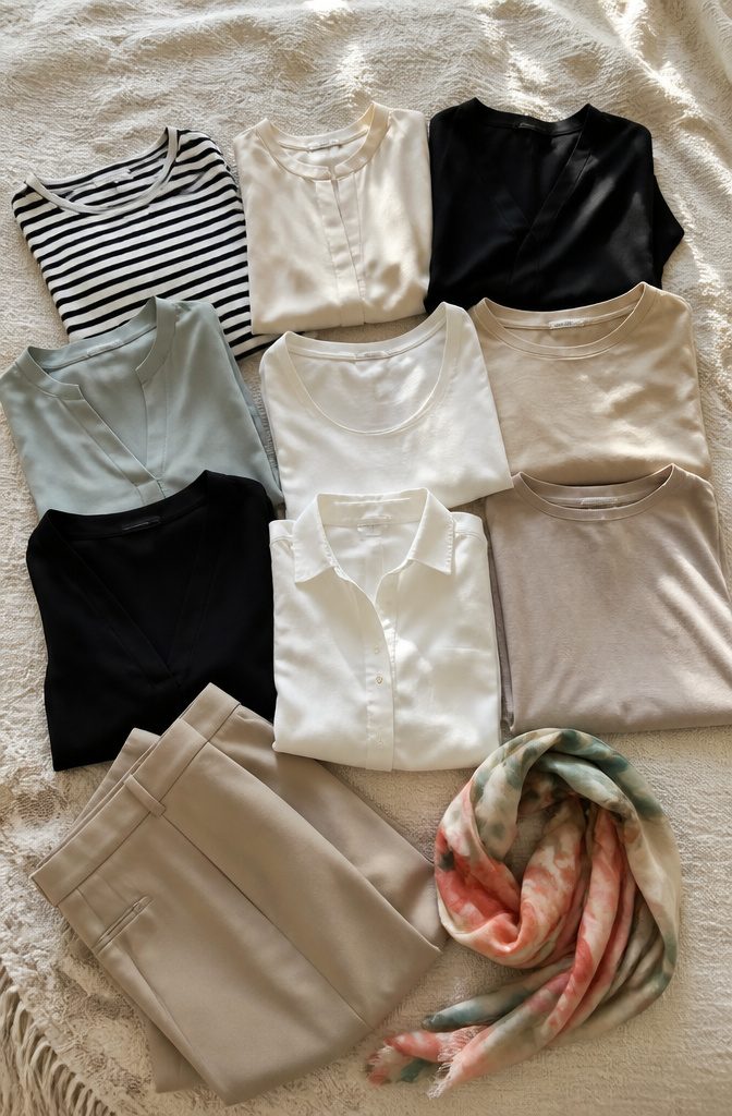 How to Pack for a 10 Day Trip: 9 Clothing and Packing Tips 1 A selection of casual and dressy tops arranged neatly.