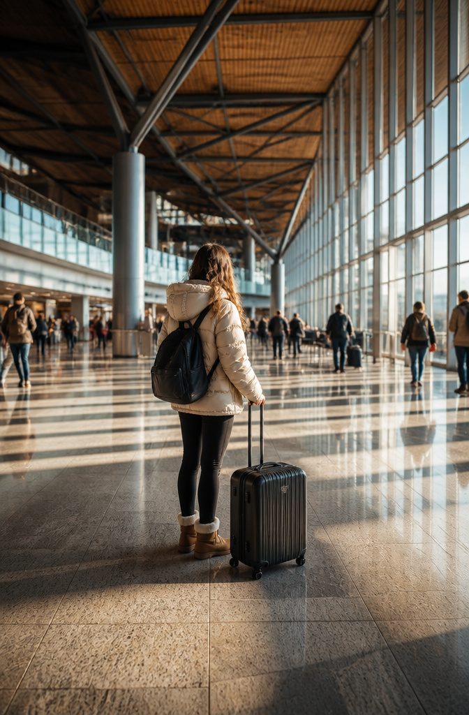 How to Pack for a 10 Day Trip: 9 Clothing and Packing Tips 11 A person dressed in bulky shoes and a jacket at the airport.