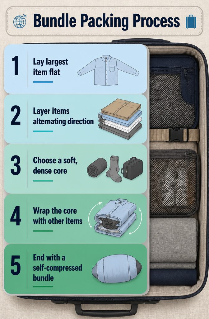 Step-by-step process of bundle packing structured clothing.