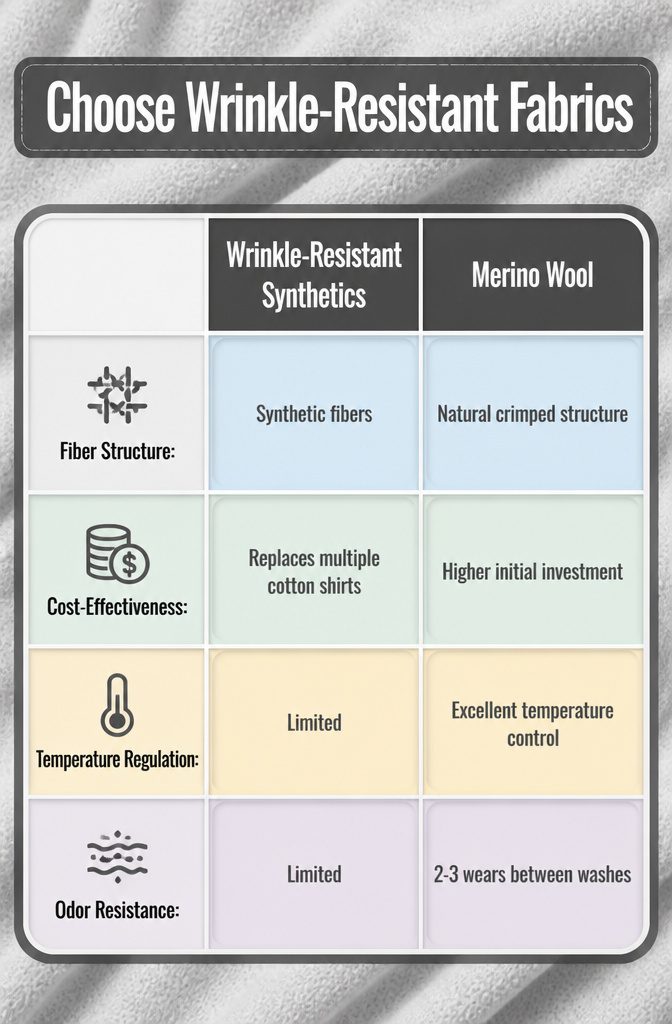 Information image highlighting wrinkle-resistant fabrics for travel.