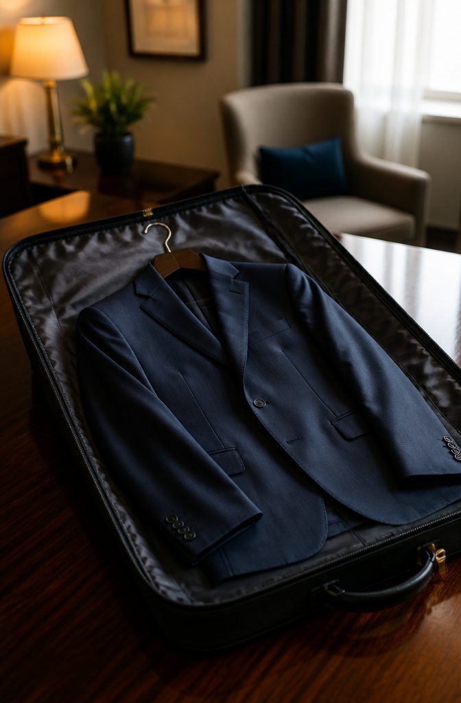 Silk dress and tailored suit packed in a garment bag.