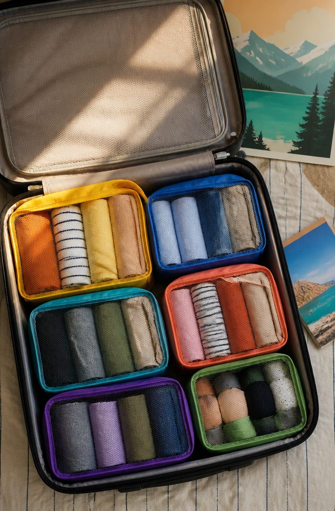 Packing cubes filled with neatly rolled clothes.