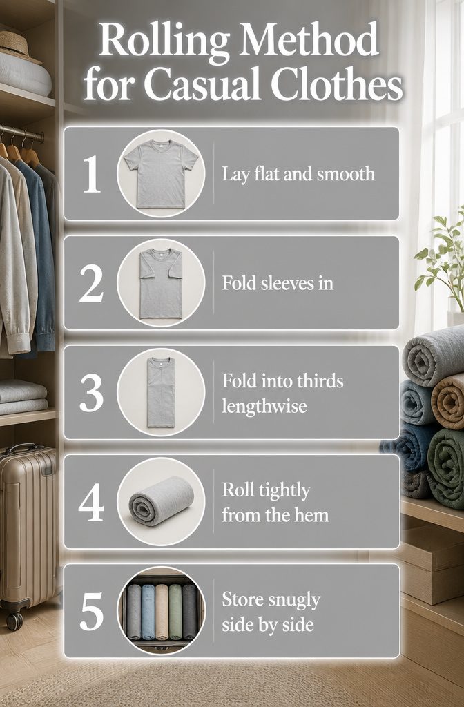 Demonstration of rolling method for casual clothes.