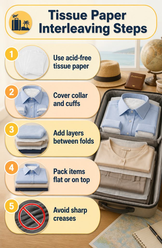 Steps showing how to use tissue paper between folded clothes.