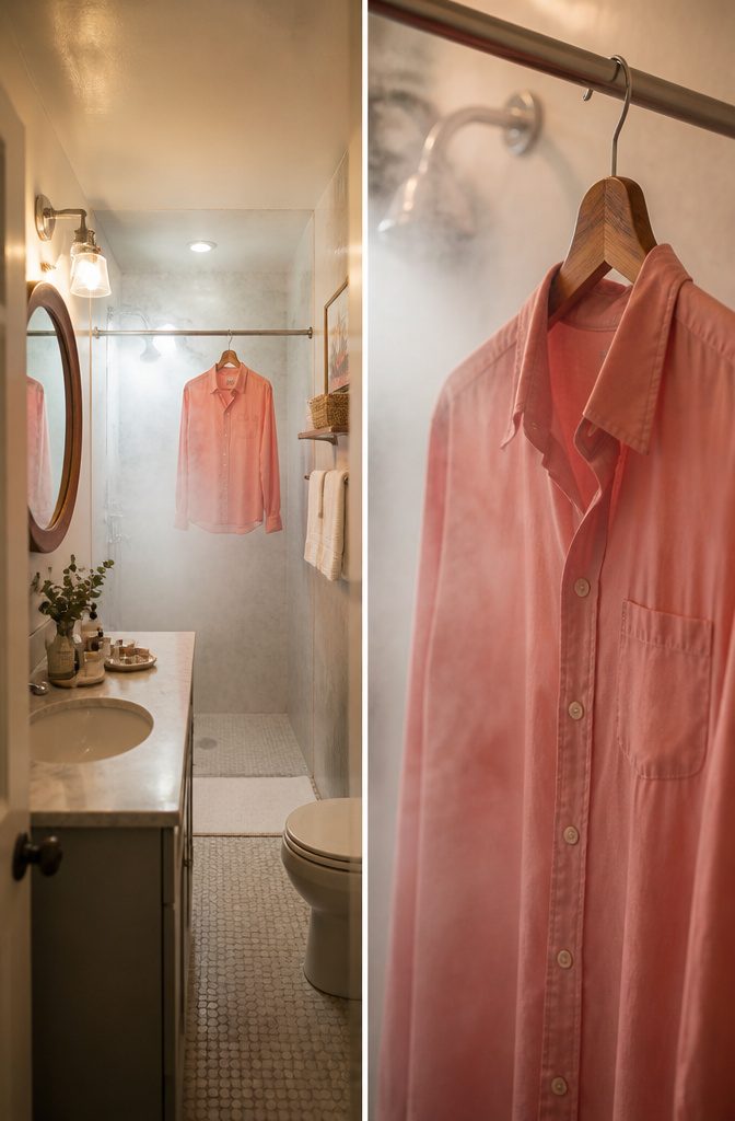 Steps for steaming clothes in a bathroom to remove wrinkles.