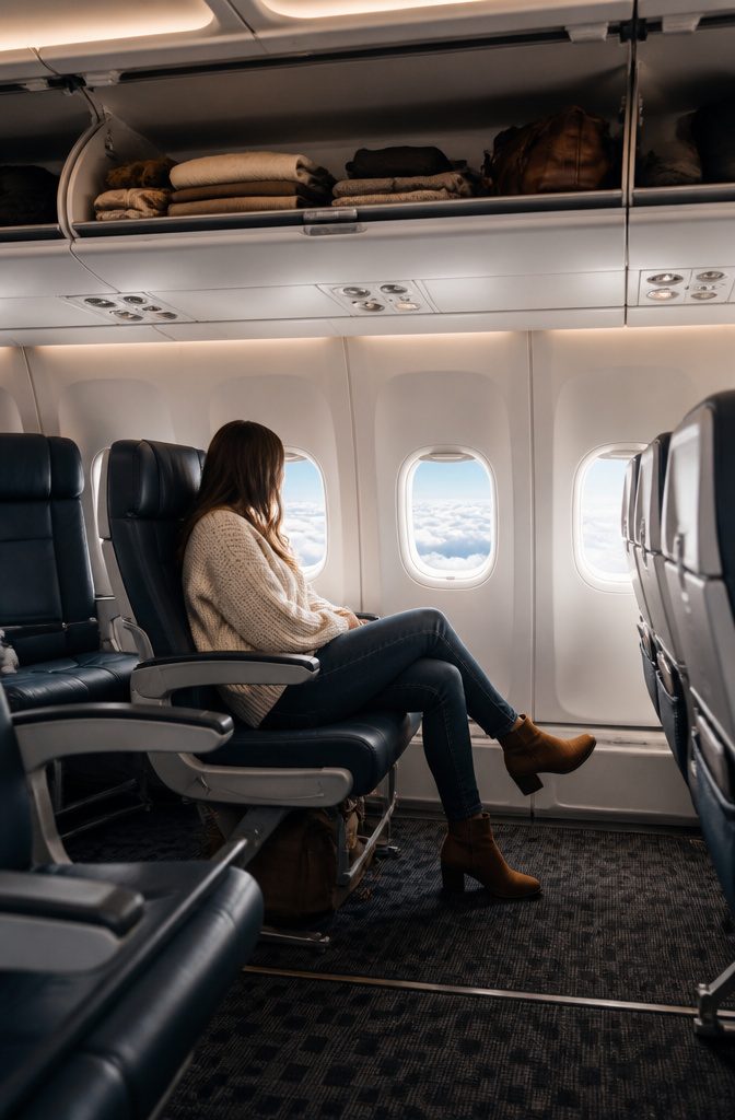A blazer draped over a plane seat back.