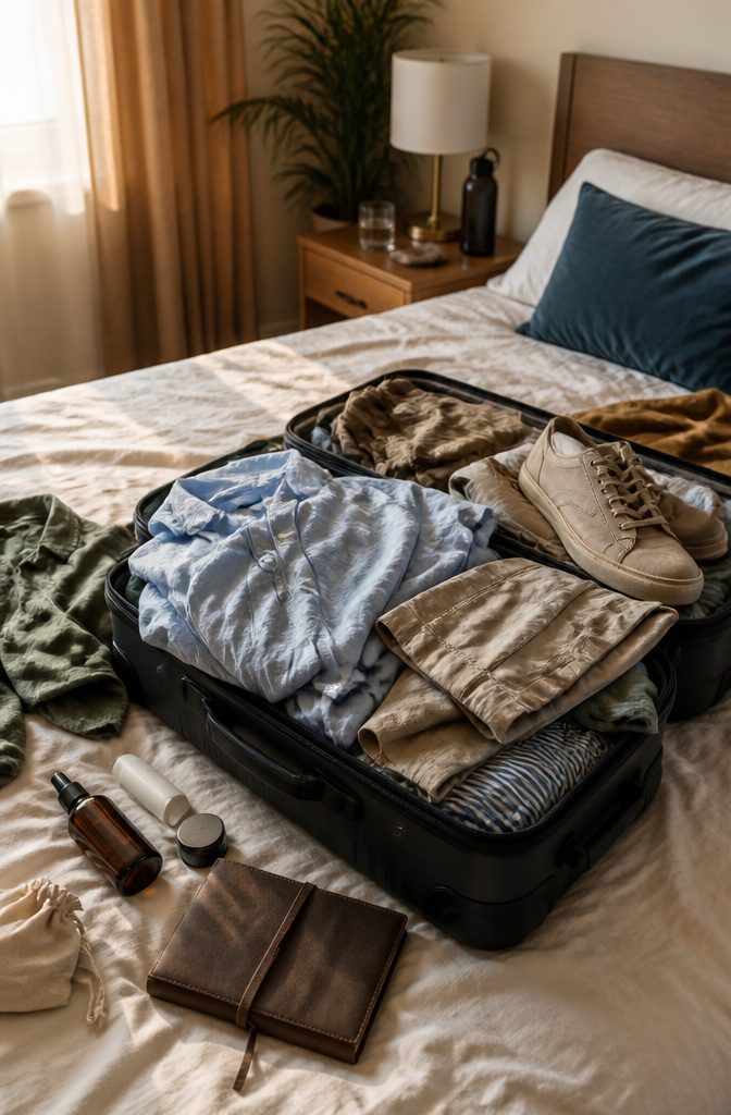 Open suitcase on a bed with crumpled clothes and shoes on top.