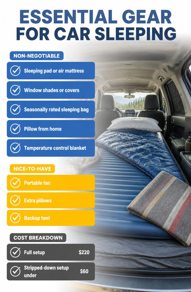 How to Sleep in a Car: Safety, Comfort and Gear for 2026 7 List of essential gear for sleeping in a car, displayed with items.