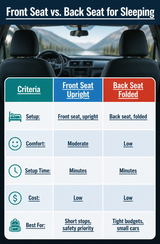 How to Sleep in a Car: Safety, Comfort and Gear for 2026 9 Comparison of sleeping options in a car's front and back seats.