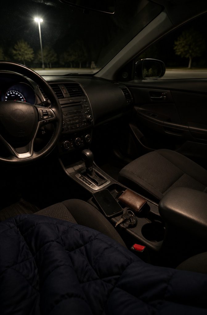 How to Sleep in a Car: Safety, Comfort and Gear for 2026 5 Interior of a parked car with keys and phone on the center console.
