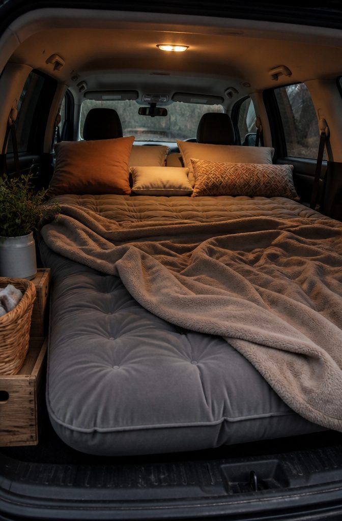 How to Sleep in a Car: Safety, Comfort and Gear for 2026 2 Interior of an SUV with flat-folded rear seats and an inflatable sleeping pad.