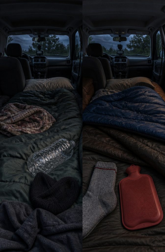 How to Sleep in a Car: Safety, Comfort and Gear for 2026 6 A person dressed in layers inside a car preparing for sleep.