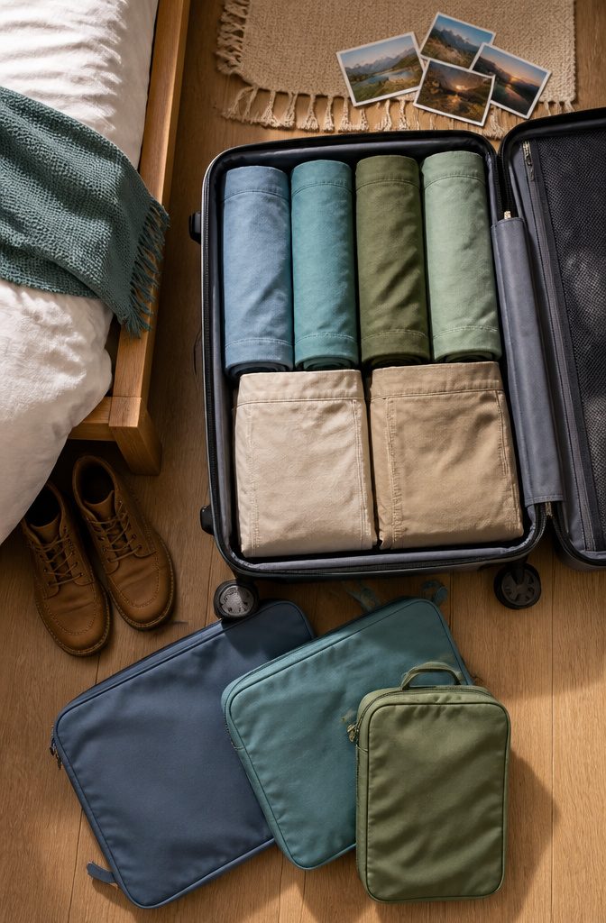A photograph of clothing items rolled and organized for packing.