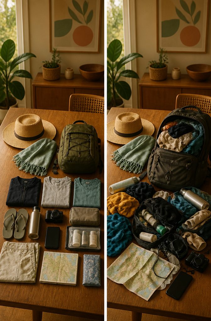 Various packing items tailored for a beach and hiking trip displayed together.